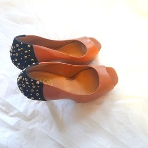 Jessica Simpson Women's Opened Toe Heels Size 8M New Tan & Black Heel 3 1/2 in